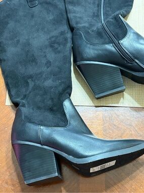 Rouge! Black Suede and Leather Mid Block-Heel Cowboy Boots